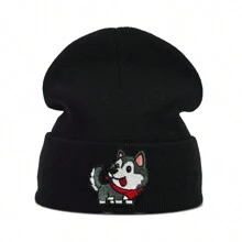 1 件裝女式針織帽可愛哈士奇狗刺繡無簷小便帽冬季帽子針織帽女式配件