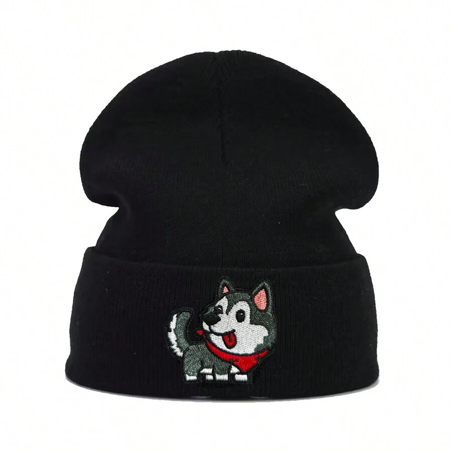 1 件裝女式針織帽可愛哈士奇狗刺繡無簷小便帽冬季帽子針織帽女式配件