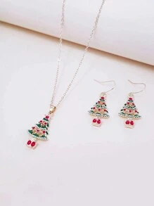 European And American Stylish Simple Christmas Tree Design Pendant Earrings & Collarbone Necklace Set - Gold - View 1