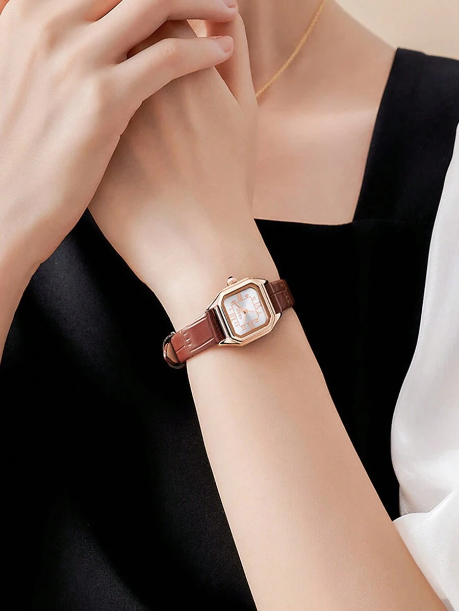 JULIUS Mixed Scale Leather Strap Casual Water Resistant Square Quartz Watch, Suitable For Daily Dressing - Coffee Brown - View 1