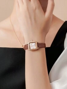 JULIUS Mixed Scale Leather Strap Casual Water Resistant Square Quartz Watch, Suitable For Daily Dressing - Coffee Brown - View 2