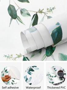 1張綠葉壁紙自黏式壁紙,浴室桉樹壁紙銅版紙,復古花卉裝飾性可拆式牆紙丙烯酸乙烯酸乙烯共聚物