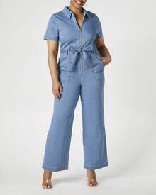 Plus Size Zip-Up Denim Jumpsuit - Blue - View 3