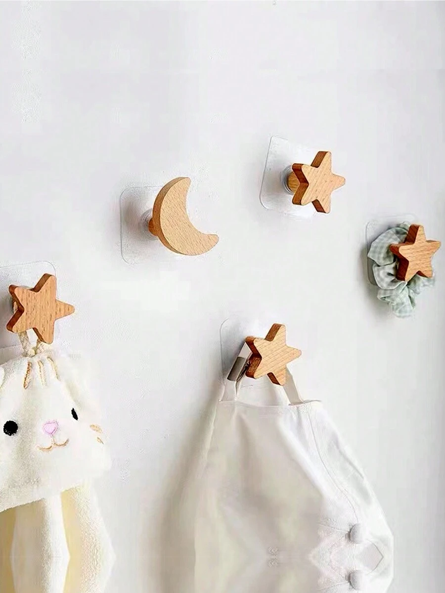 1入組可愛的白色木質雲朵、月亮和星星設計掛鉤,適用於冰箱、牆面、家具、櫥櫃、浴室、抽屜等地方,高級榉木材質,附帶方形自粘式掛鉤