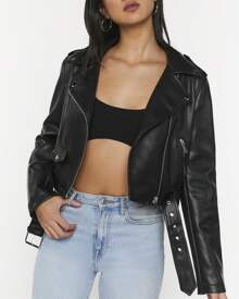 Faux Leather Cropped Moto Jacket - Black - View 1