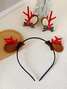 3入組聖誕主題髮飾套裝,包括馴鹿鹿角頭箍、髮夾和蕈型髮夾,適用於節日打扮