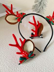 3入組聖誕主題髮飾套裝,包括馴鹿鹿角頭箍、髮夾和蕈型髮夾,適用於節日打扮