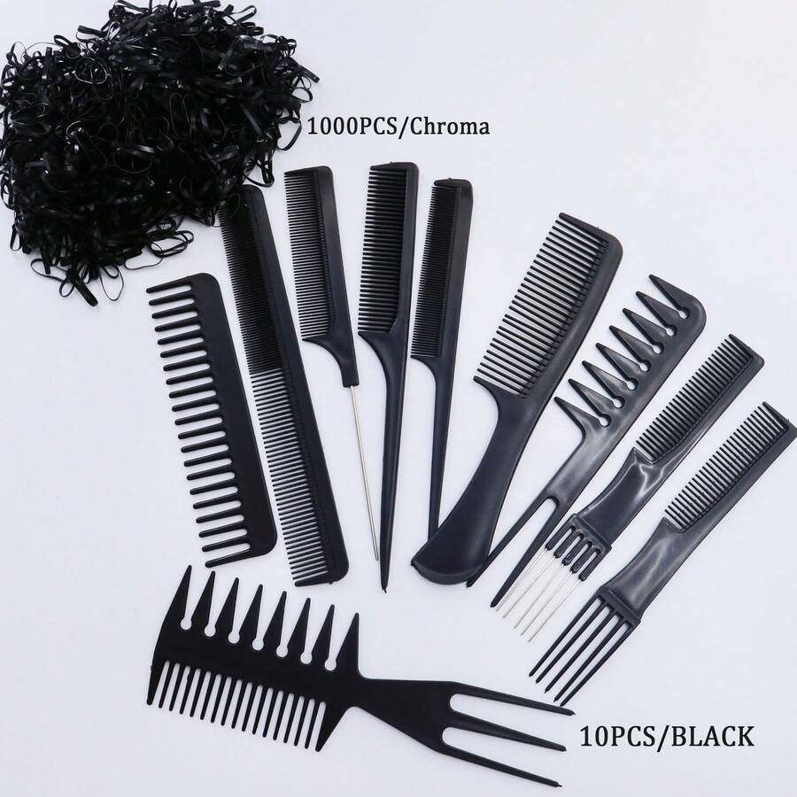 10入組髮梳套裝+1000入組彈性髮圈。黑色塑料尾梳,適用於美髮沙龍造型 - 黑色 - 查看 1