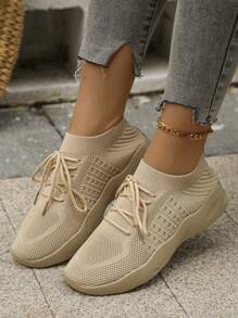 2023秋天新款大尺寸女性舒服的透氣針織運動鞋低胸平底休閒鞋 - 卡其色 - 查看 1