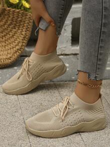 2023秋天新款大尺寸女性舒服的透氣針織運動鞋低胸平底休閒鞋 - 卡其色 - 查看 4