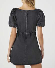 Denim Puff-Sleeve Mini Dress - Grey - View 5