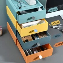 1入組可疊式桌面抽屜收納盒,帶抽屜可存放筆、口紅、辦公文具等 - 黃色 - 查看 3