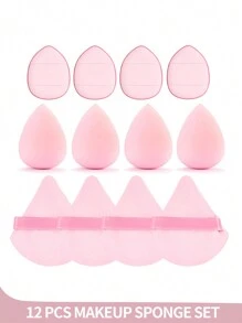 HMQ beauty 12pcs Makeup Powder Puff Set With Triangle Velvet Sponge, Mini Cushion For Nose And Eye Area, And Teardrop Shape Foundation Mixing Tool - Pink - View 2