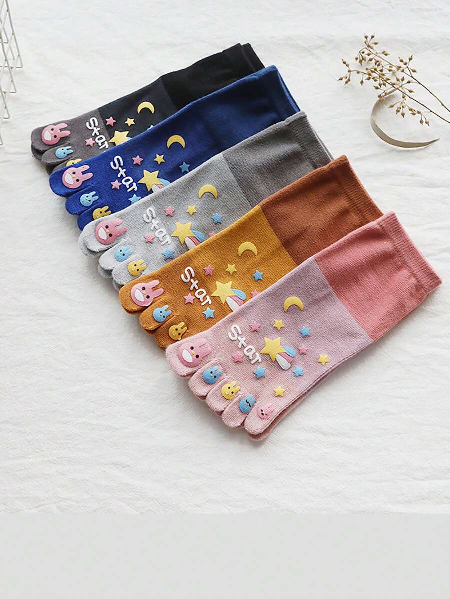 1雙卡通星空兔糖果色女式五指踏管襪,秋冬季節厚實可愛,適合學生和少女,時尚透氣,帶有分趾設計,適合日常穿著