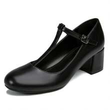 Women's Sexy T-Strap Mary Jane Shoes, Fashion Ankle Strap Closed Round Toe Chunky Low Heels Wedding Party Work Dress Shoe - 黑色 - 查看 4