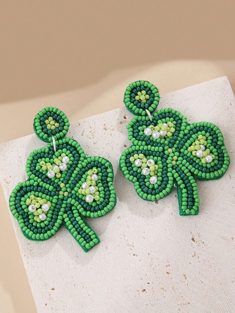 1pair Colorful Handmade Rice Bead Leaf Earrings - Green - View 1