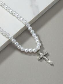 One Faux Pearl  Chain Cross Pendant Necklace With Rhinestone For Men, Popular & Fashionable In Europe And America