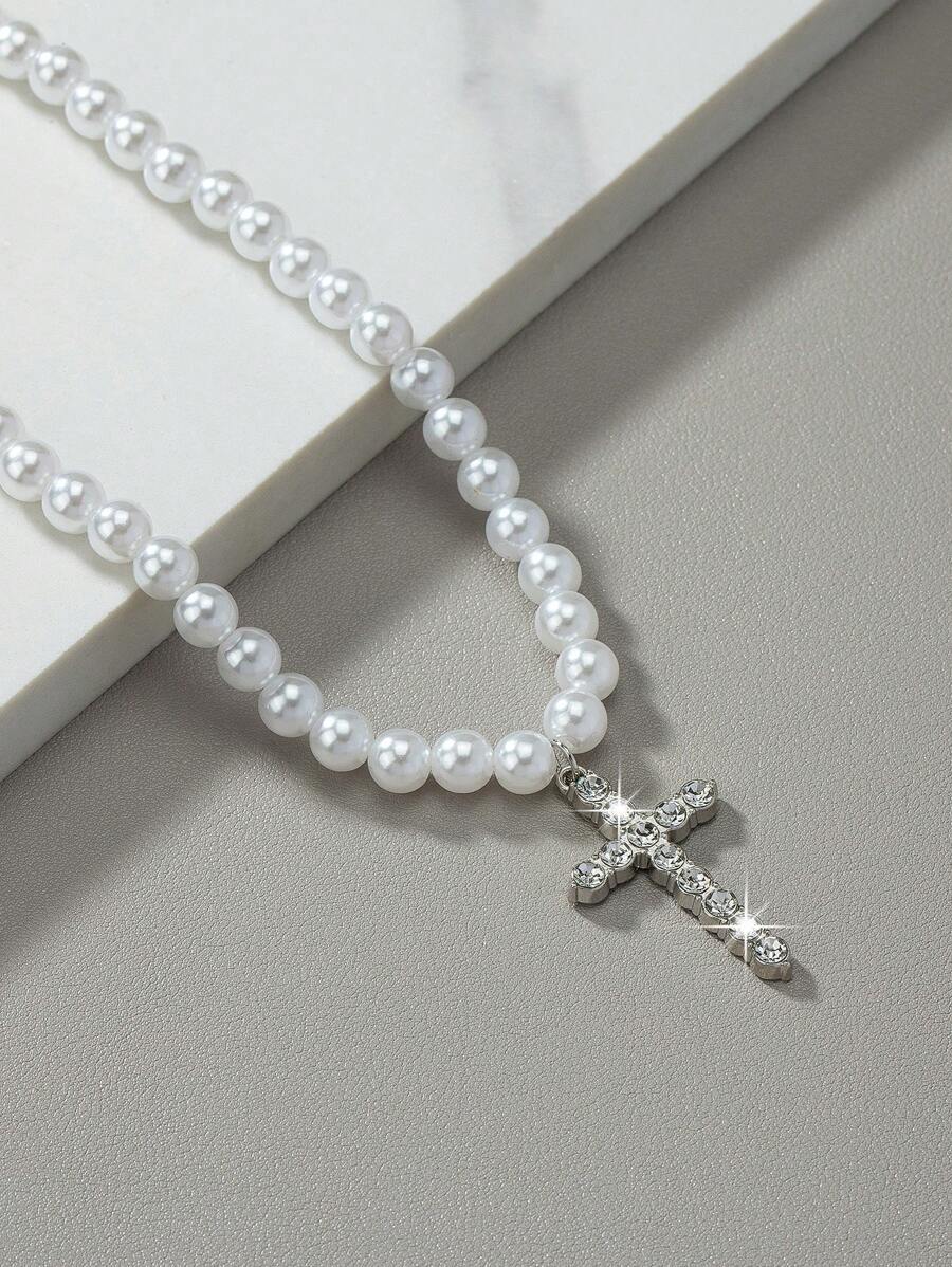 One Faux Pearl  Chain Cross Pendant Necklace With Rhinestone For Men, Popular & Fashionable In Europe And America