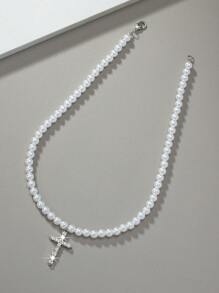 One Faux Pearl  Chain Cross Pendant Necklace With Rhinestone For Men, Popular & Fashionable In Europe And America