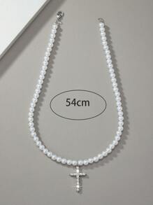 One Faux Pearl  Chain Cross Pendant Necklace With Rhinestone For Men, Popular & Fashionable In Europe And America
