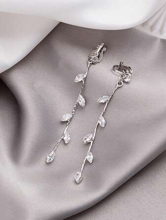 1雙時尚長款耳朵夾帶氧化鋯石頭鑲嵌,樹葉&流蘇裝飾