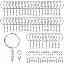 Kit de fabricación de llaveros de 90 piezas con llaveros, cadenas, anillos de salto abiertos y alfileres de ojo de tornillo para manualidades, joyería y fabricación de llaveros de resina - Plateado - Ver 1