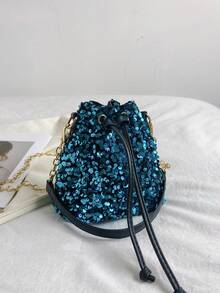 Sequin Bag 1pc Blue Sparkly Glitter Drawstring Bucket Bag With Chain Strap For Women - Crossbody Shoulder Handbag For Lady,Party Girl Perfect for Party,Wedding Perfect match with prom dress, holiday party dress,cocktail dress and christmas dress - Blue - View 6