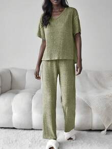 Màu thuần Sọc Ngắn tay Áo thun Và Dài Quần Trang phục mặc nhà Bộ - Màu Mù tạt vàng - Xem 1