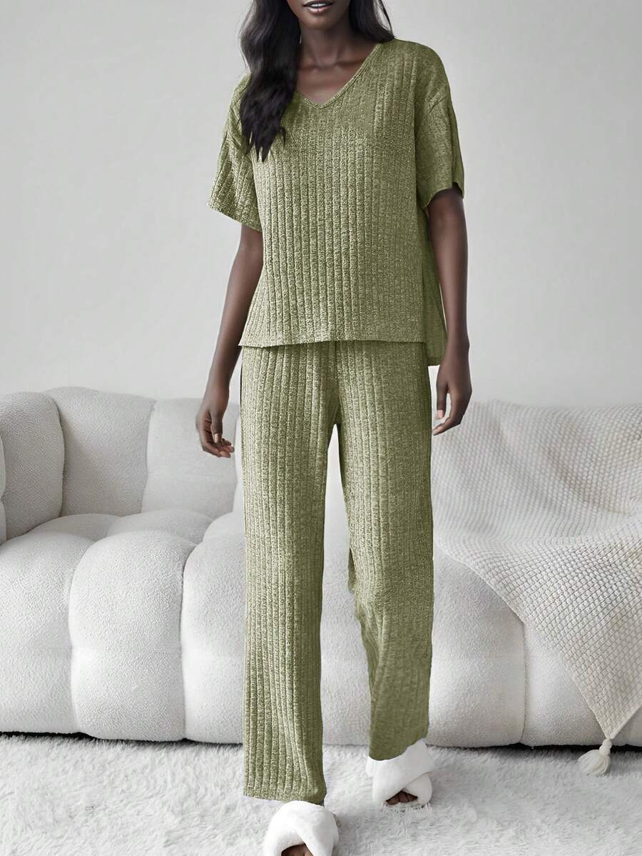 Màu thuần Sọc Ngắn tay Áo thun Và Dài Quần Trang phục mặc nhà Bộ - Màu Mù tạt vàng - Xem 1