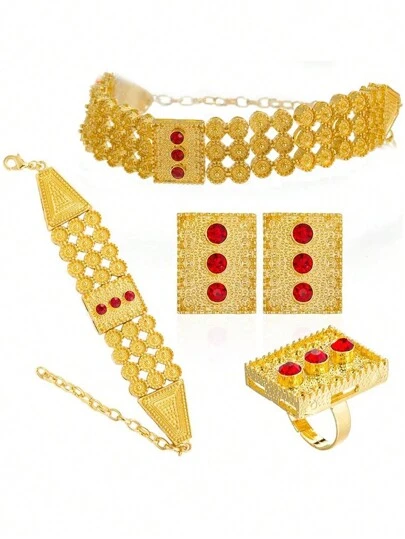 Gold Jewelry Set, Colorful Gemstone Necklace/Earrings/Ring/Bracelet, African Eritrean Wedding Jewelry For Women