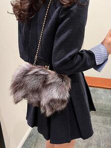 Faux Fox Fur Clutch Bag With Chain Strap, Shoulder Bag & Handbag For Autumn And Winter - Black - View 2