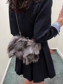 Faux Fox Fur Clutch Bag With Chain Strap, Shoulder Bag & Handbag For Autumn And Winter - Black - View 4