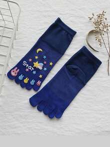 1雙卡通星空兔糖果色女式五指踏管襪,秋冬季節厚實可愛,適合學生和少女,時尚透氣,帶有分趾設計,適合日常穿著