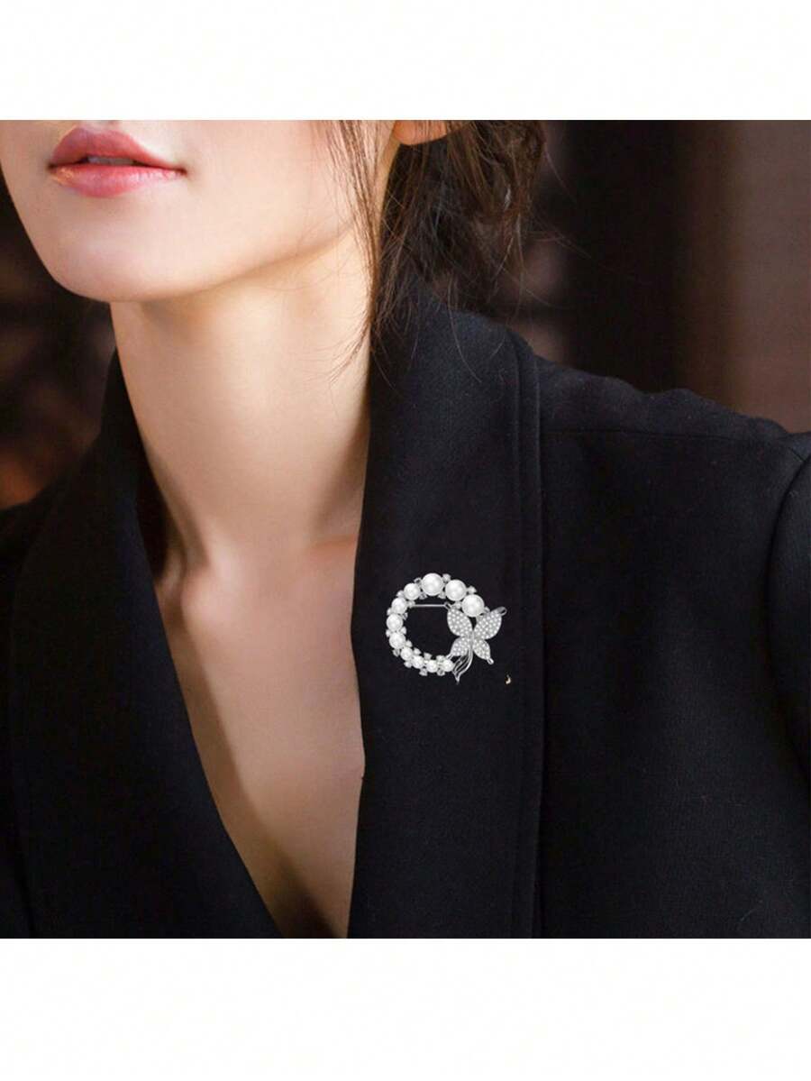 Luxury & Chic Pearl Butterfly Flower Brooch For Fashionable Outfits - Silver - View 1