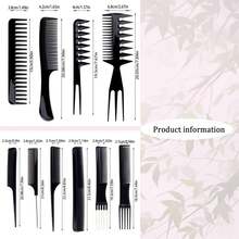 10入組髮梳套裝+1000入組彈性髮圈。黑色塑料尾梳,適用於美髮沙龍造型 - 黑色 - 查看 8