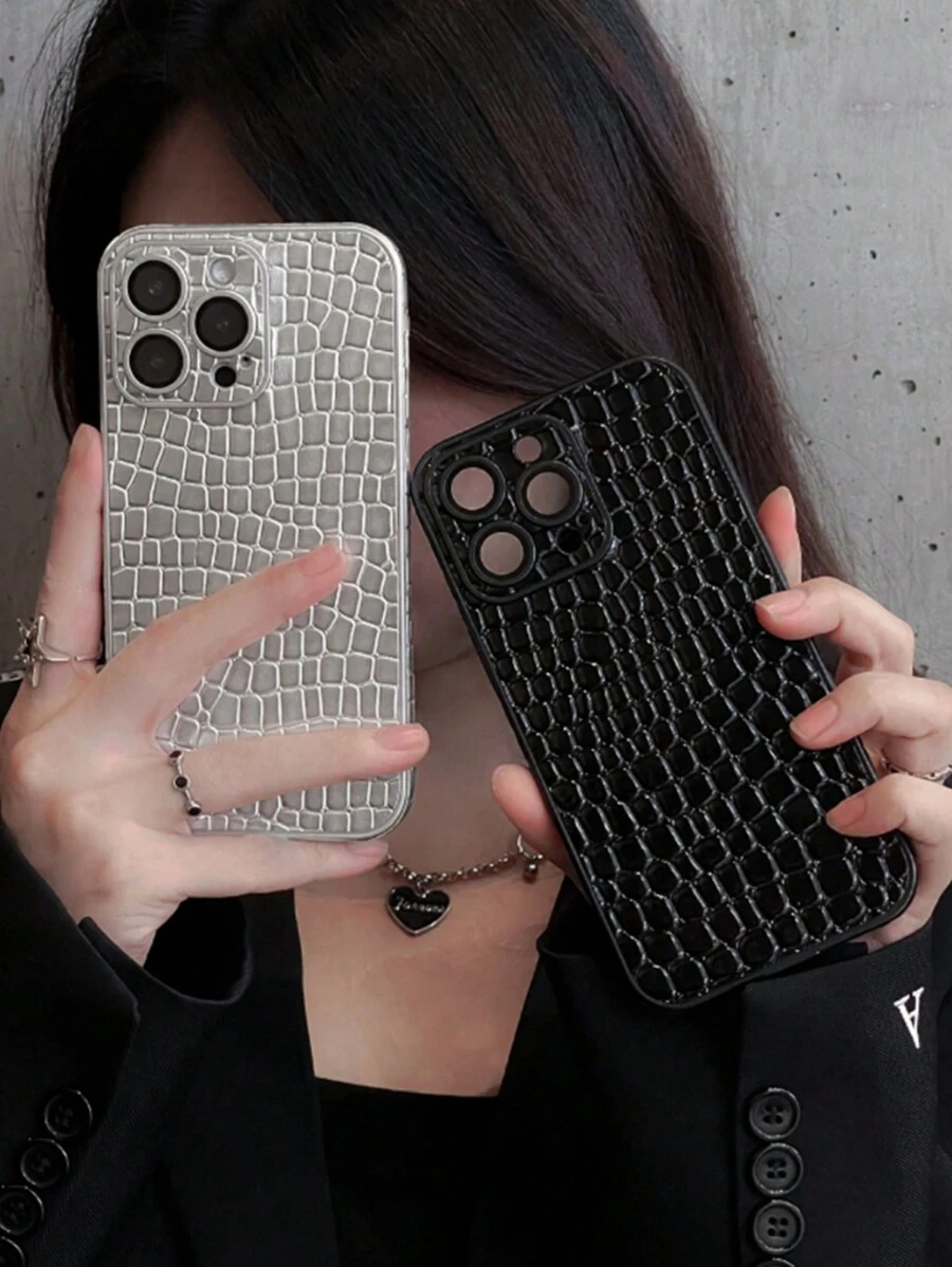 1 件银色奢华鳄鱼皮相机保护手机壳适用于 iPhone 15 14 13 12 11 Pro Max 亮面软壳 - 銀色 - 查看 1