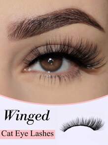 1對貓眼假睫毛,人工短髮睫毛,翅狀結尾眼睫毛,伸長眼睫毛,柔軟自然長款全帶式假睫毛 - 黑色 - 查看 1