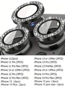 Película protectora de lente de cámara de Apple, estuche protector de lente con cristales de Rhinestone, regalo brillante de cristal para cumpleaños, familia, amigos, película protectora de lente, accesorios para teléfonos, a prueba de agua, a prueba de golpes, anti-caída, anti-arañazos, anti-huellas dactilares, cobertura completa - Negro - Ver 8