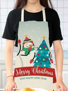 1pc Merry Christmas Linen Apron With Reindeer & Snowman Pattern - Beige - View 3