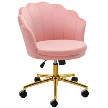 Furnistyle Pink Living Room Chairs in Velvet Fabric, Adjustable Swivel Beauty Vanity Chair for Makeup Room, Decorative Home Office Task Chair in Seashell Back Design with 360° Swivel Wheels, Modern Upholstered Accent Chair with Stable Star Base, Tufted Velvet Barrel Chair Armchair for Bedroom, Dressing Room