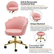 Furnistyle Pink Living Room Chairs in Velvet Fabric, Adjustable Swivel Beauty Vanity Chair for Makeup Room, Decorative Home Office Task Chair in Seashell Back Design with 360° Swivel Wheels, Modern Upholstered Accent Chair with Stable Star Base, Tufted Velvet Barrel Chair Armchair for Bedroom, Dressing Room