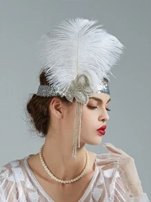 1 件 1920 年代頭飾插板頭帶水鑽羽毛了不起的蓋茨比頭飾新娘婚禮女式髮飾