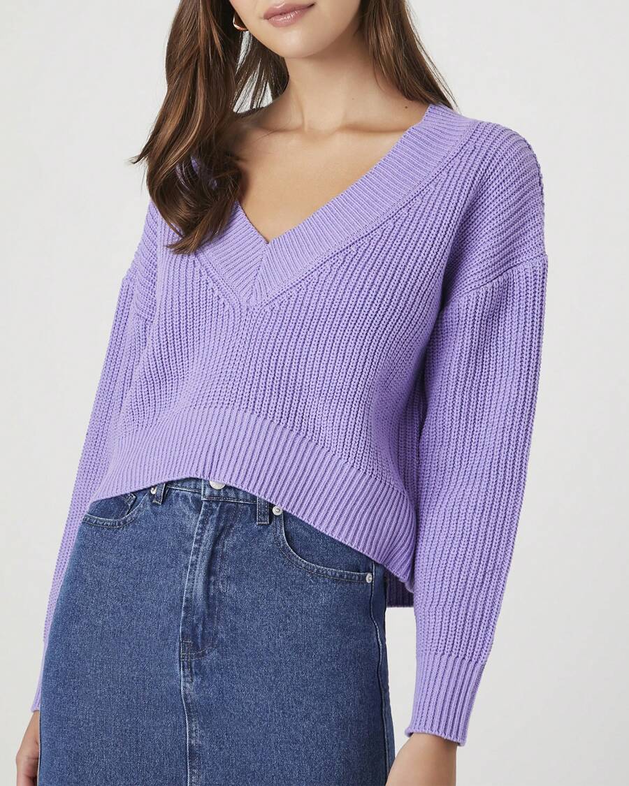 Drop-Sleeve Cropped Sweater - Màu tím - Xem 1
