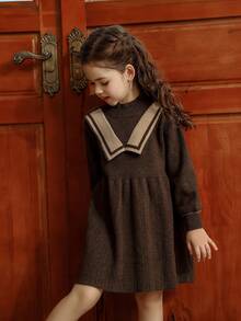 少女暖色系長袖針織毛衣連身裙,秋冬季節穿搭必備 - 咖啡棕 - 查看 6