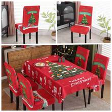 Juego de manteles navideños para silla, mantel impermeable para mesas rectangulares, 7 piezas (1 Mantel Y 6 Fundas Para Sillas)-Patrón aleatorio - Rojo - Ver 4