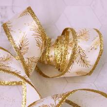 1 件聖誕絲帶、和金箔印刷白絲帶,用於禮品包裝、聖誕樹裝飾、節日裝飾品(邊緣有防銹絲,易於塑形)