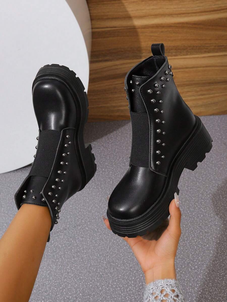 Botas casuales con suela gruesa y banda elástica para mujer, hechas a mano, color negro, de plataforma cómoda, tacón ancho, nuevo estilo para otoño/invierno