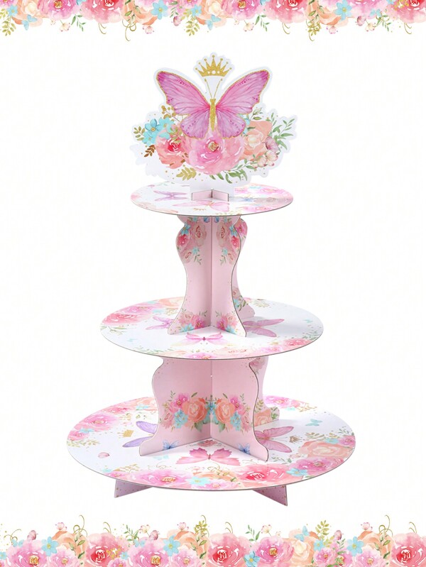 1 Stück 3-stöckiger Cupcake-Ständer mit Schmetterlingen, Baby-Dusch-Geburtstags-Party Dekorationen, Pappbehälter Cupcake-Turm Party Zubehör, kreative DIY Kuchendekoration, Weihnachten