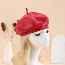 1pc Unisex Red Octagonal Pu Leather Beret Hat, Suitable For Daily Travelling - Red - View 7