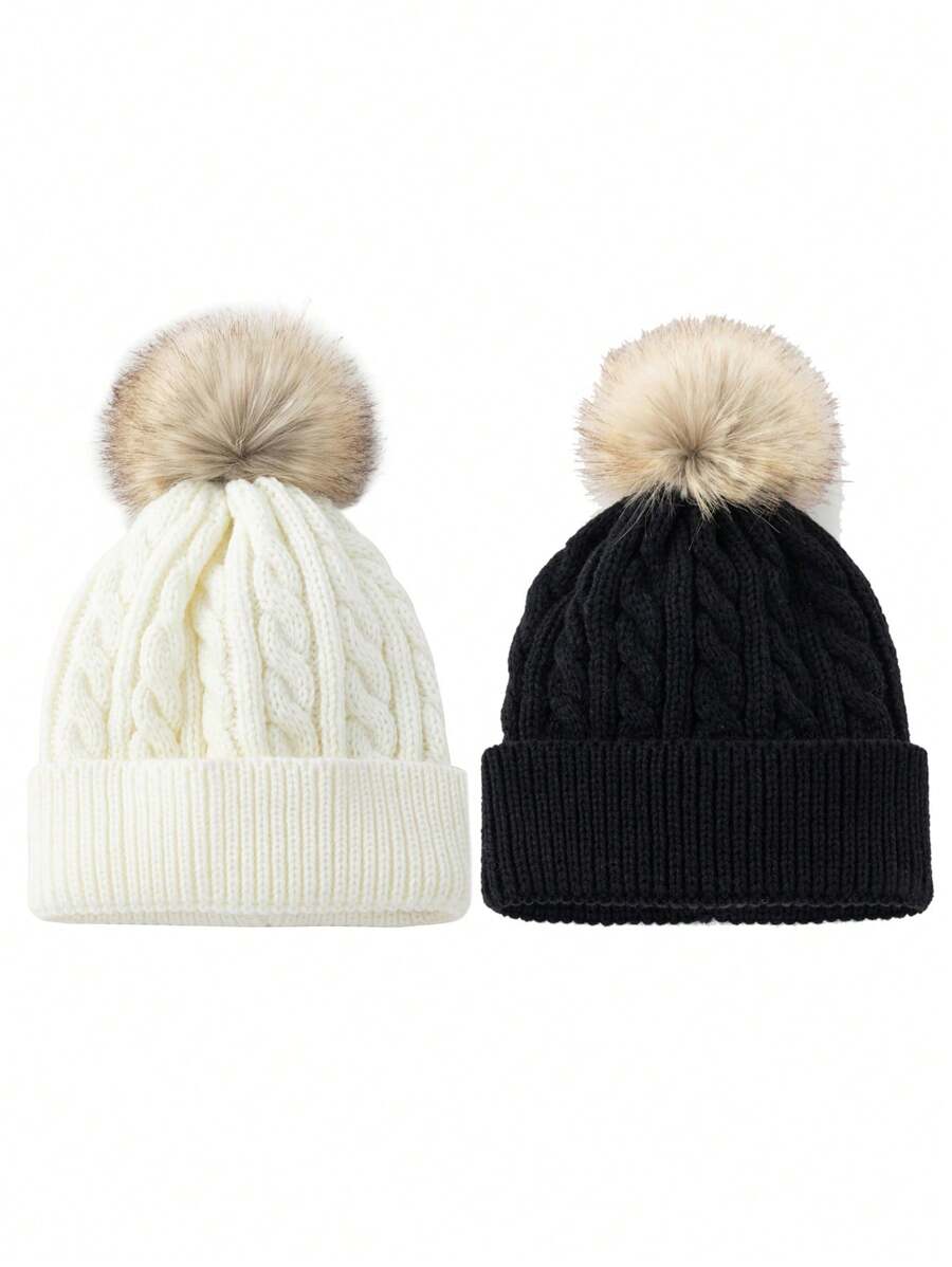 Kids' Cable Knit Beanie Hat With Double Pom Poms & Cuffed Brim - Soft Acrylic Winter Hat For Boys & Girls